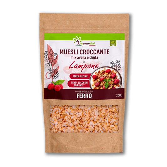 Muesli Croccante Bio Avena Chufa e Lampone Senza Glutine 200g - Nuova versione! - 4Nutrition